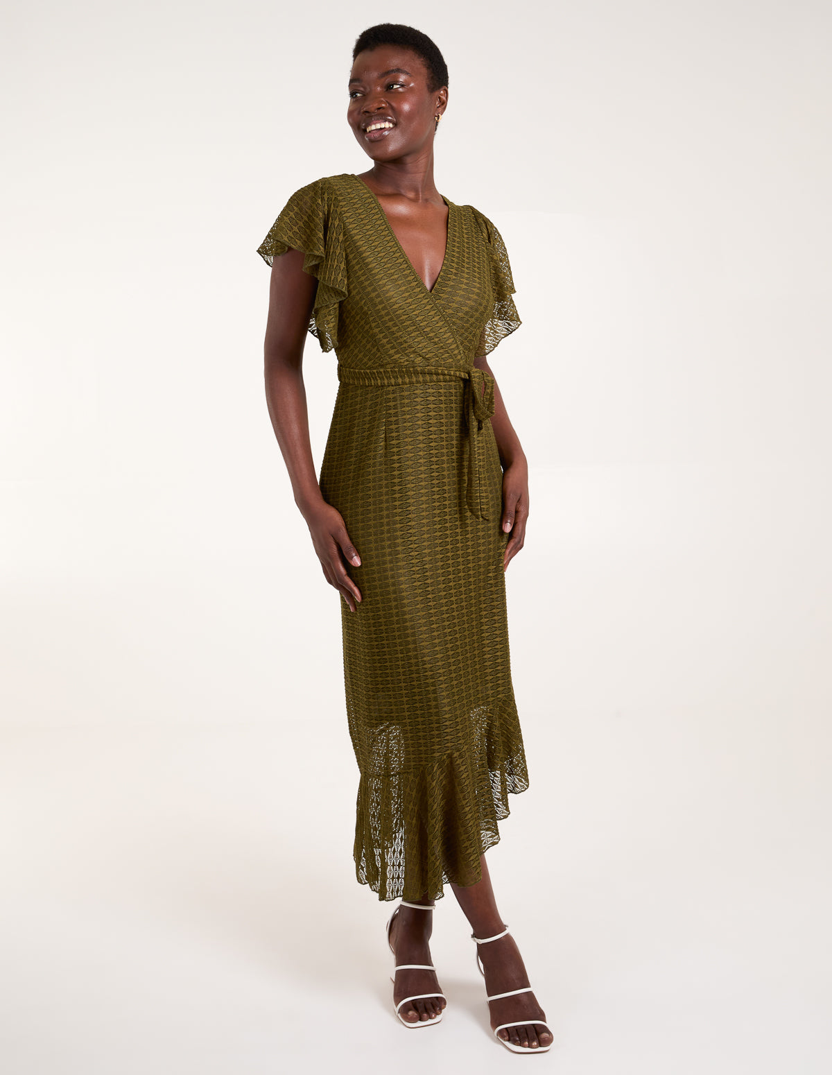 Lace Wrap Asymmetric Midi Dress - KHAKI