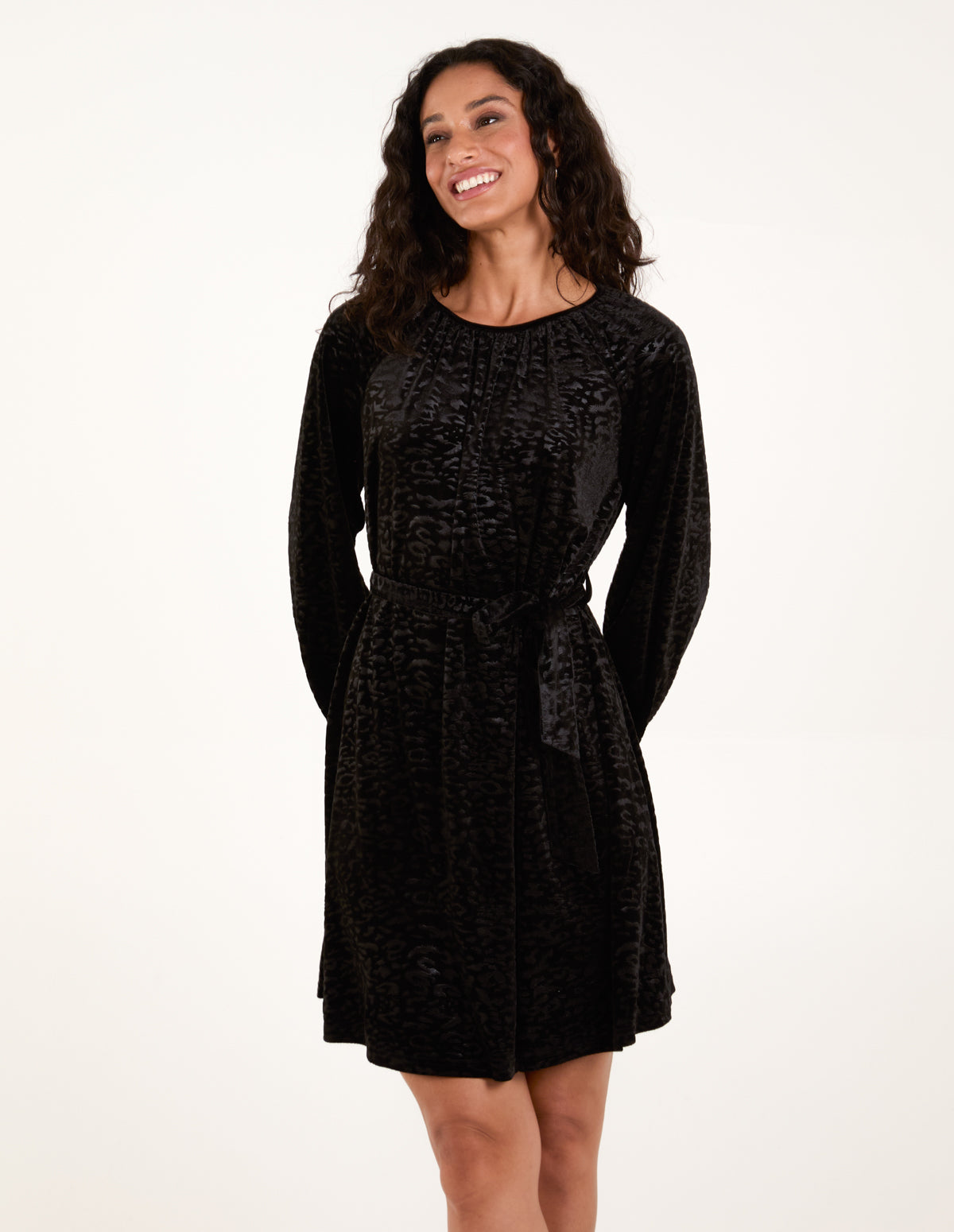 Velvet Belted Swing Dress - M BLACK
