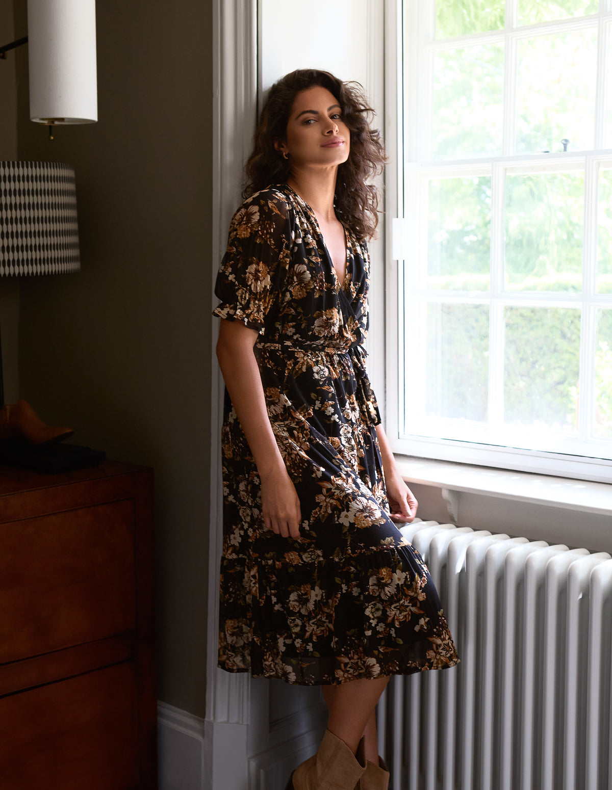 Floral Mesh Wrap Front Tiered Midi Dress - L BROWN