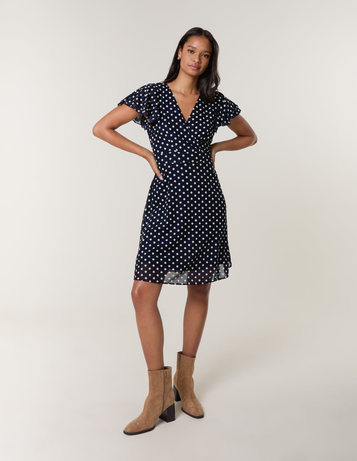 Polka Dot Mesh Frill Sleeve Wrap Dress With Tie Waist - L NAVY