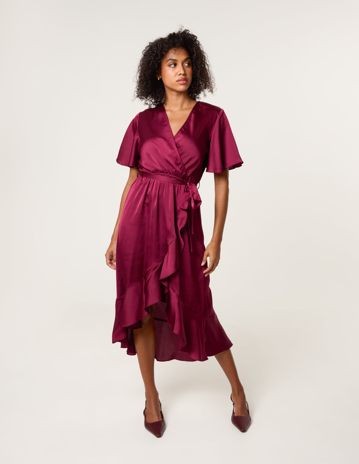 Satin Wrap Frill High To Low Midi Dress - BERRY