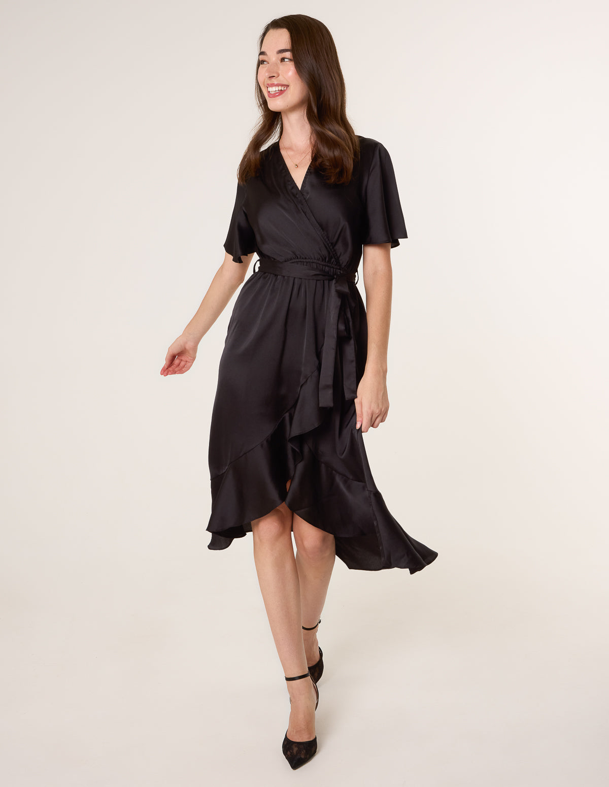 Satin Wrap Frill High To Low Midi Dress - BLACK
