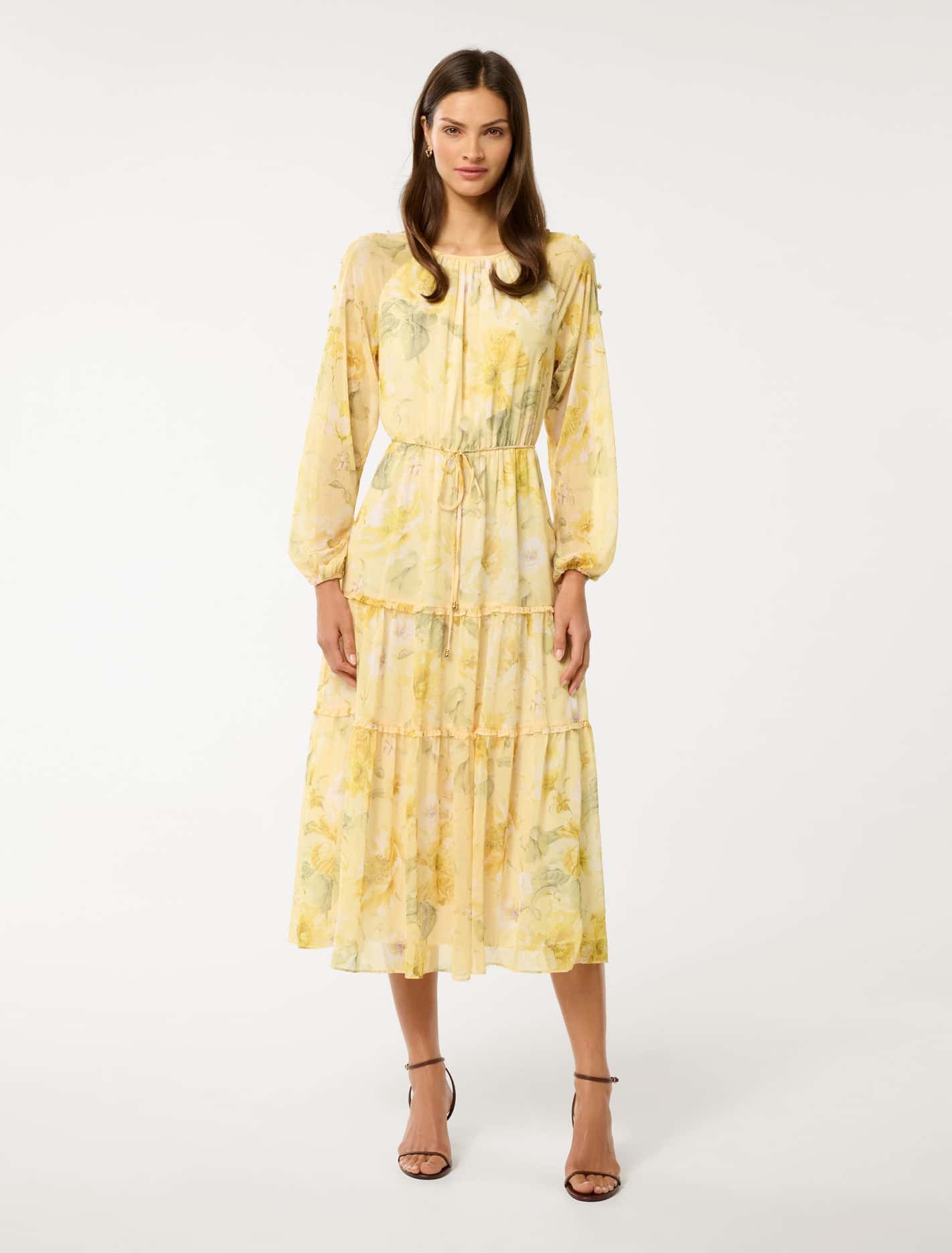 Forever New Women's Wendy Waist Tie Midi Dress in Gold Layla Botanica, Size MainPolyester