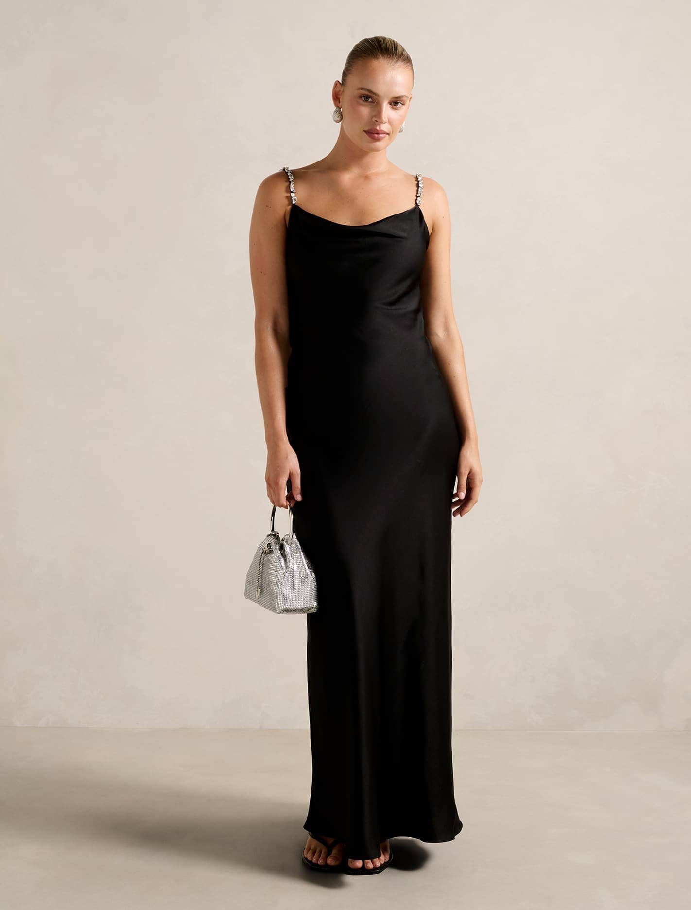 Forever New Women's Presley Diamante Strap Satin Maxi Dress in Black, Size PolyesterViscosePolyester