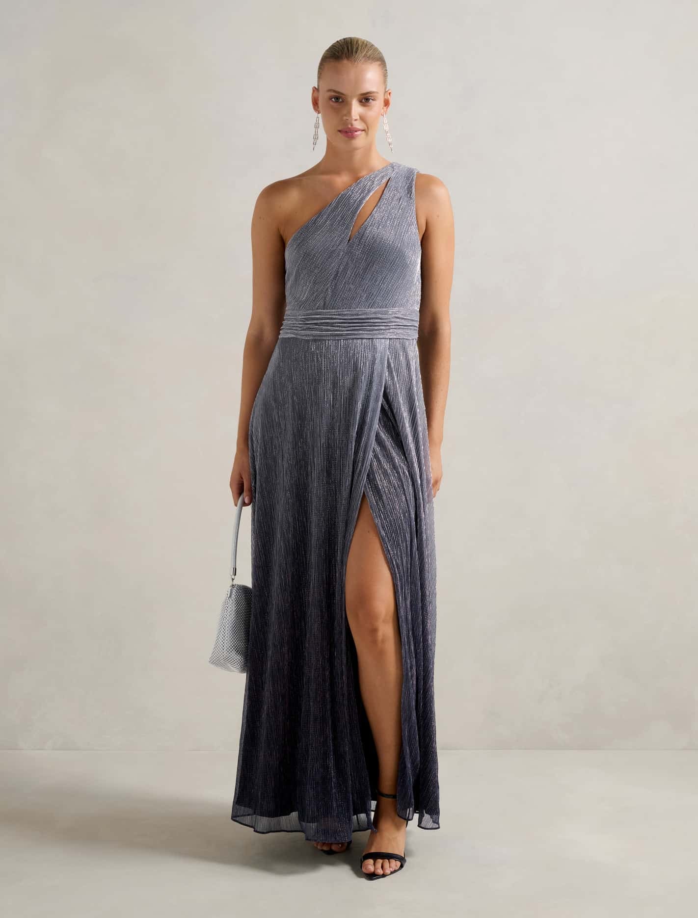 Forever New Women's Billie Asymm Plisse Midi Dress in Silver Dusk Ombre, Size PolyesterMetallised FibrePolyester