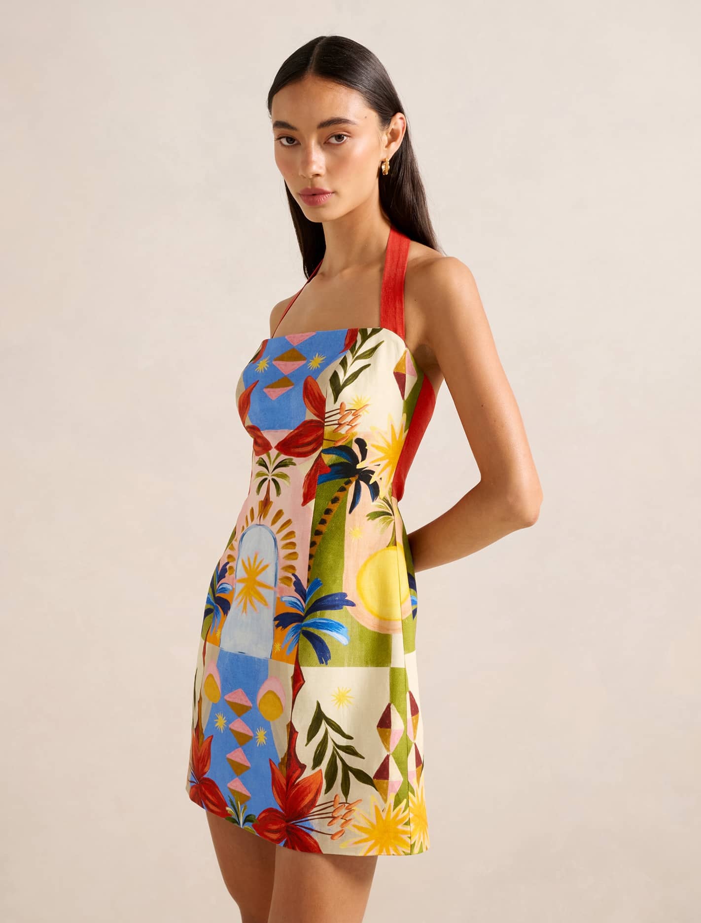 Forever New Women's Keely Halter Neck Linen Mini Dress in Bright Havana, Size LinenViscoseViscose
