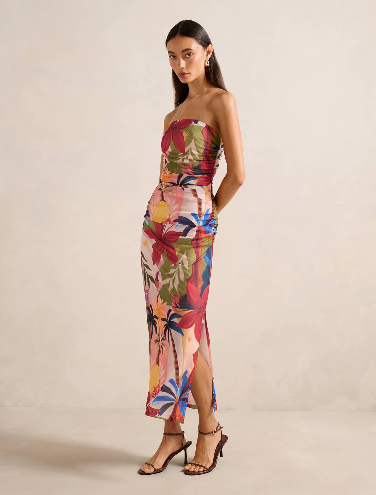 Forever New Women's Alex Strapless Mesh Ruched Midi Dress in Havana Holiday, Size PolyesterElastane