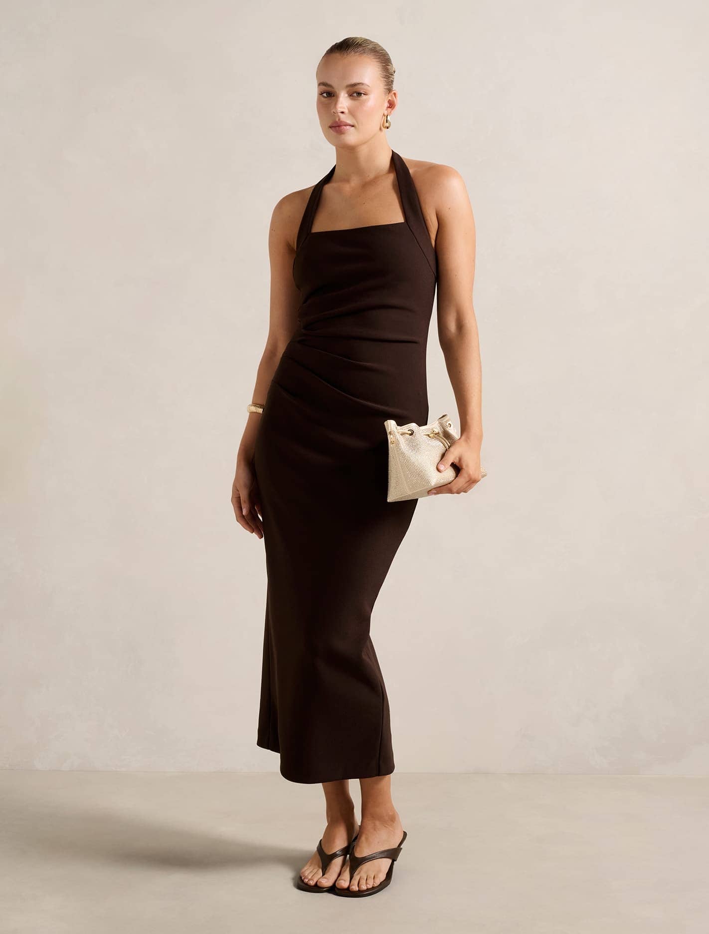 Forever New Women's Georgie Halter Ruched Bodycon Dress in Chocolate, Size Recycled PolyesterElastanePolyester
