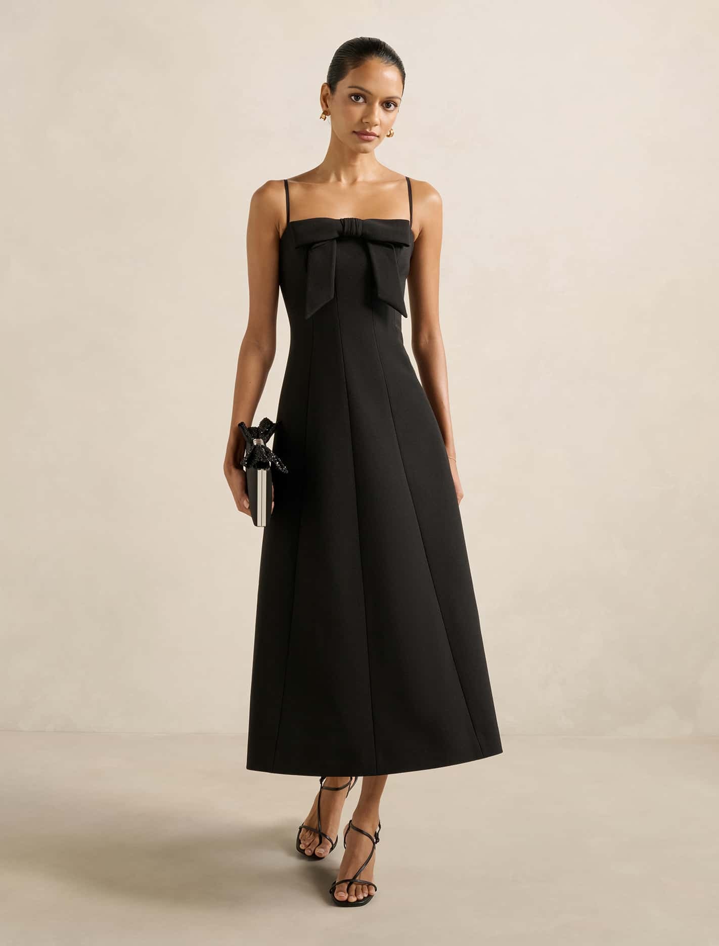 Forever New Women's Harlow Petite Bow Front Midi Dress in Black, Size PolyesterElastanePolyester