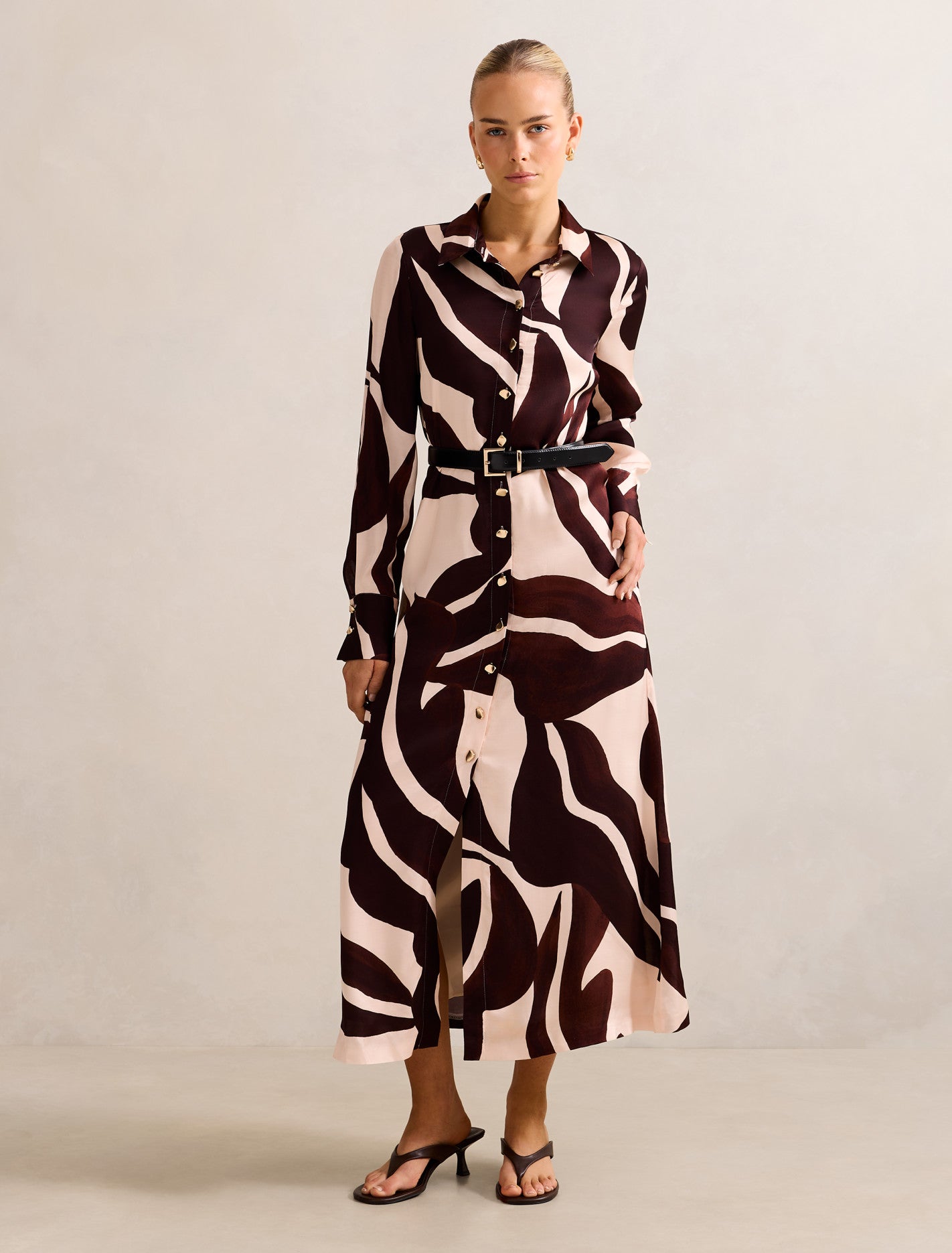 Forever New Women's Elliana Printed Satin Midi Dress in Choc Nusa Leaf, Size ViscosePolyester