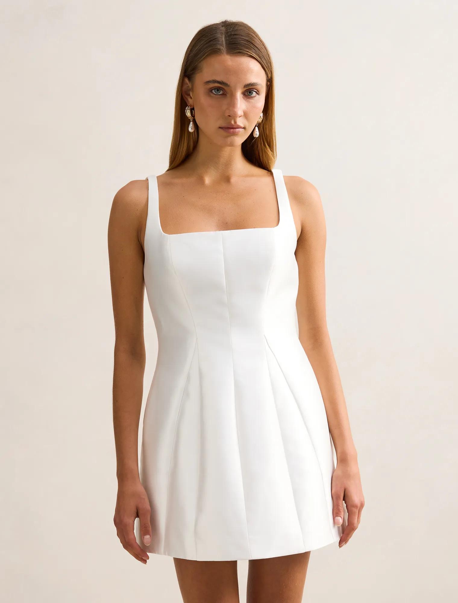 Forever New Women's Kaitlyn Structured Satin Mini Dress in Porcelain, Size PolyesterPolyesterElastane
