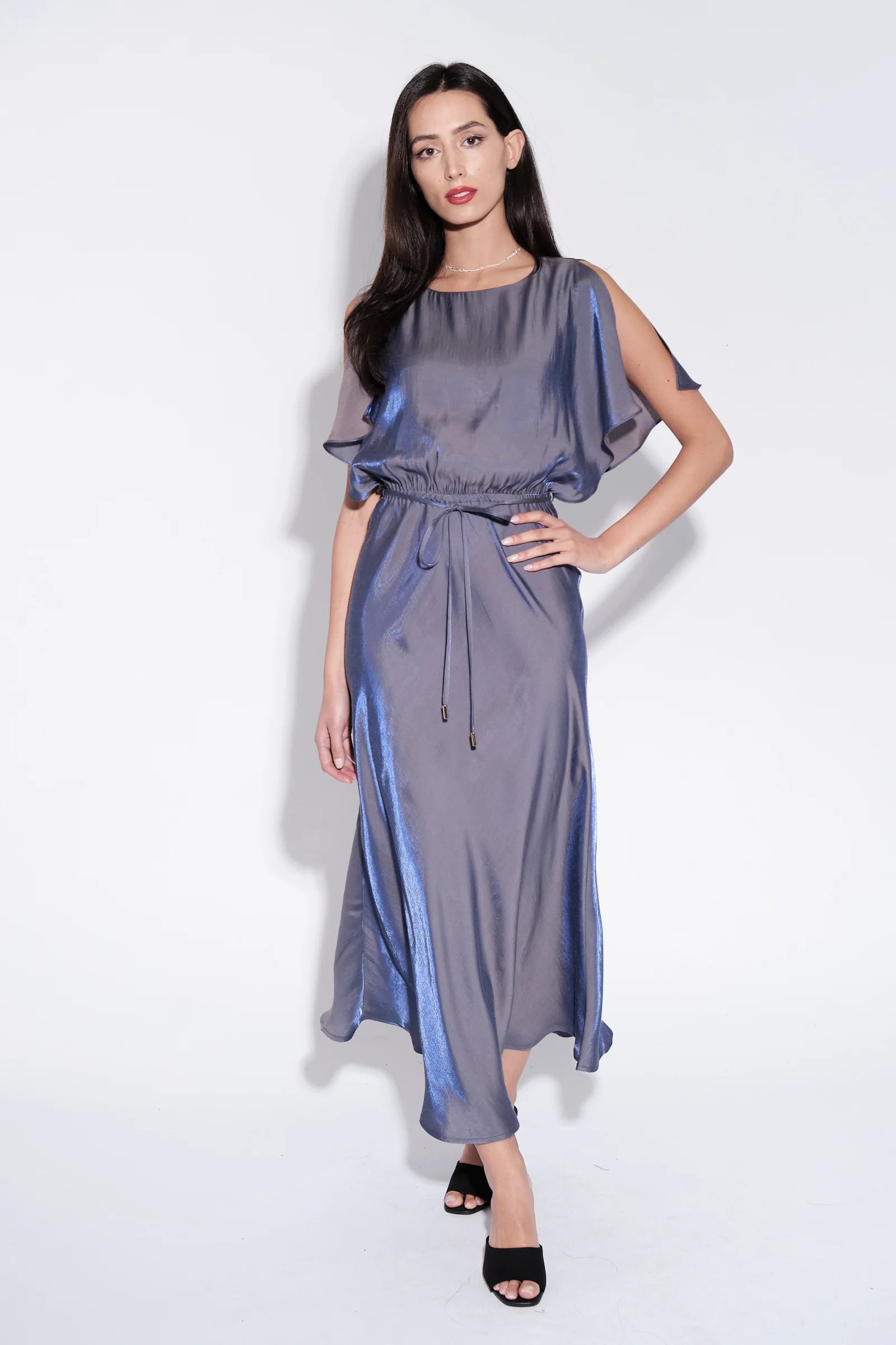 Basford Iridescent Cape Sleeve Midi Dress in Navy - Navy