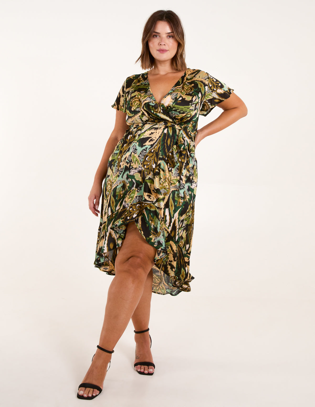Curve Angel Sleeve Wrap Midi Dress - BLACK