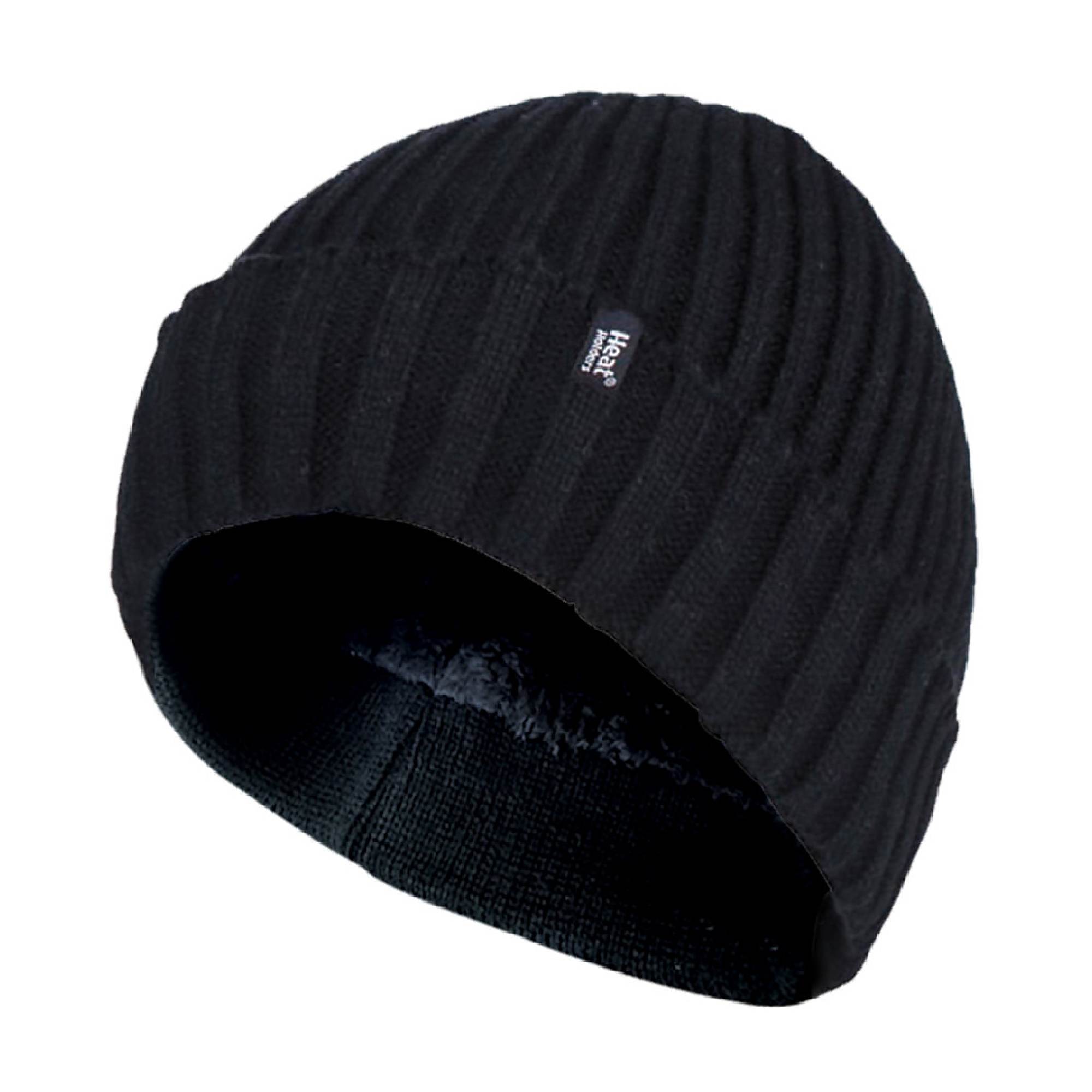 Mens Ribbed Knit Fleece Lined Turn Over Cuff Thermal Beanie Hat - One Size Black
