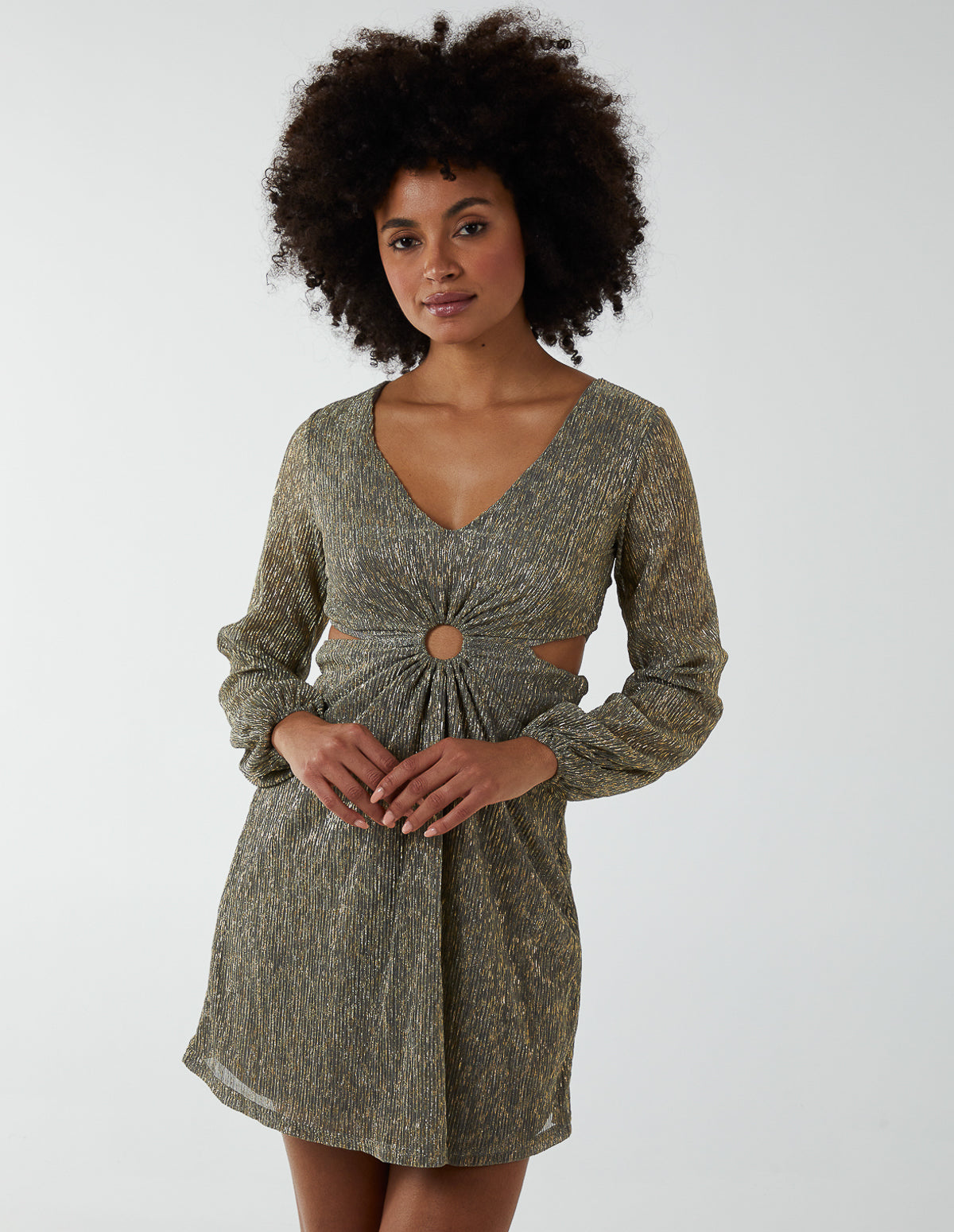 V-Neck Long Sleeve Lurex Dress - Light Grey