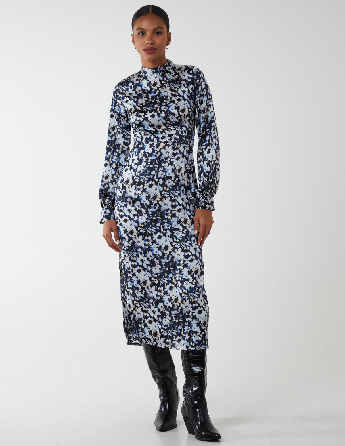Floral Print High Neck Dress - BLACK