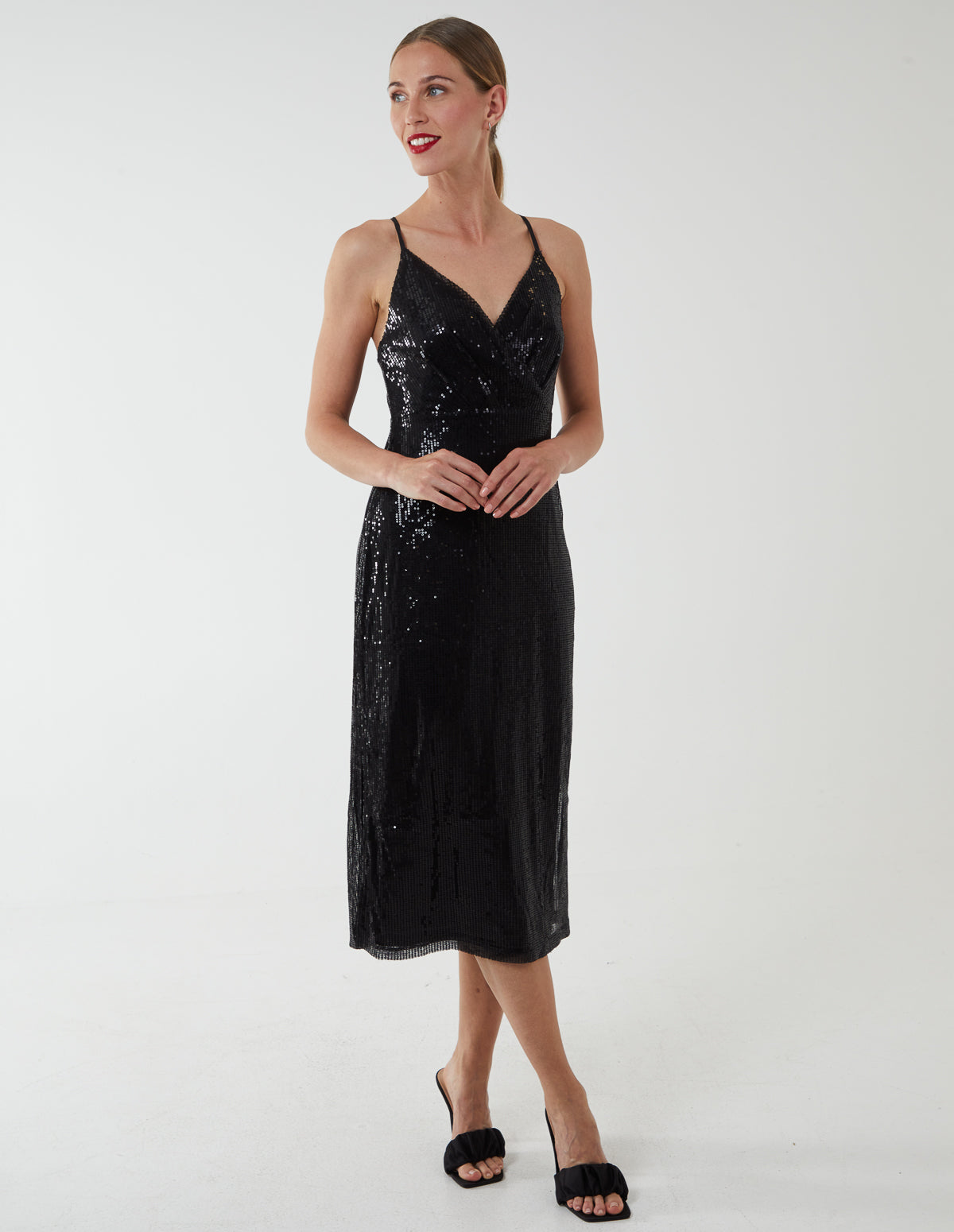 Wrap Front Cami Midi Dress - BLACK