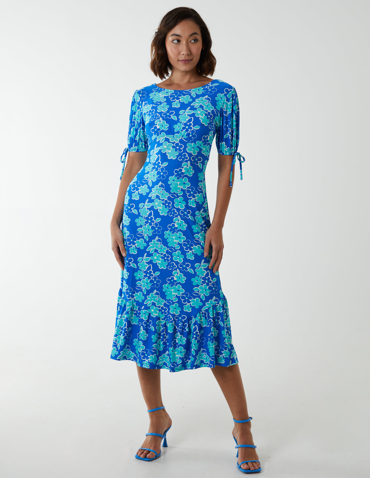 Crew Neck Midi Dress With Scrunchie Back Detail - BLUE