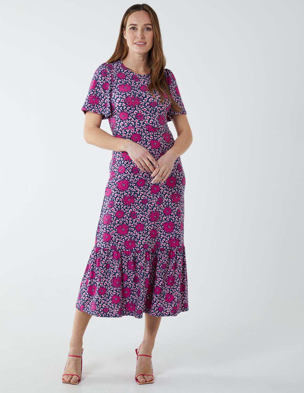 Crew Neck Midi Angel Sleeve Tie Open Back Dress - FUCHSIA