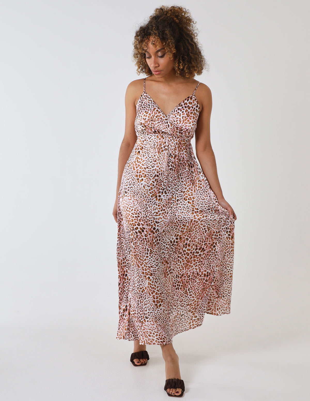 Leopard Print Strappy Wrap Over Maxi Dress - Tan