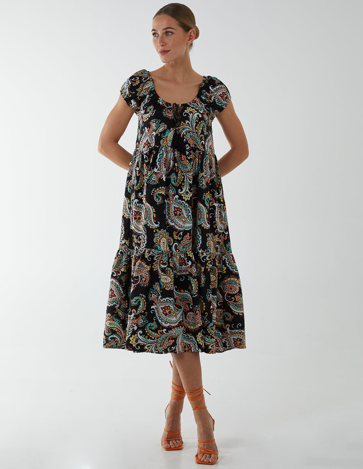 Paisley Scoop Neck Milkmaid Midi Dress - S BLACK PATTERN