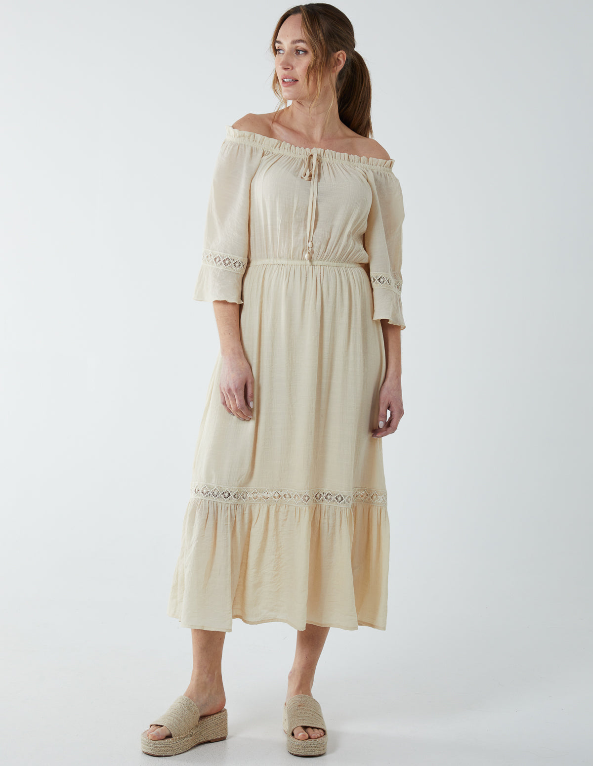 Off Shoulder Elasticated Lace Insert Midi Dress - S STONE