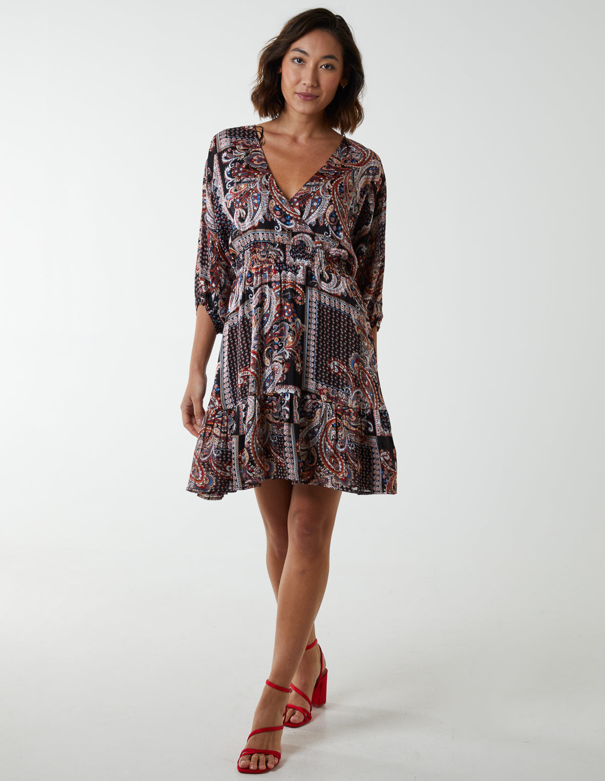 Paisley Wrap Front Pleated Kimono Sleeve Dress - BLACK PATTERN