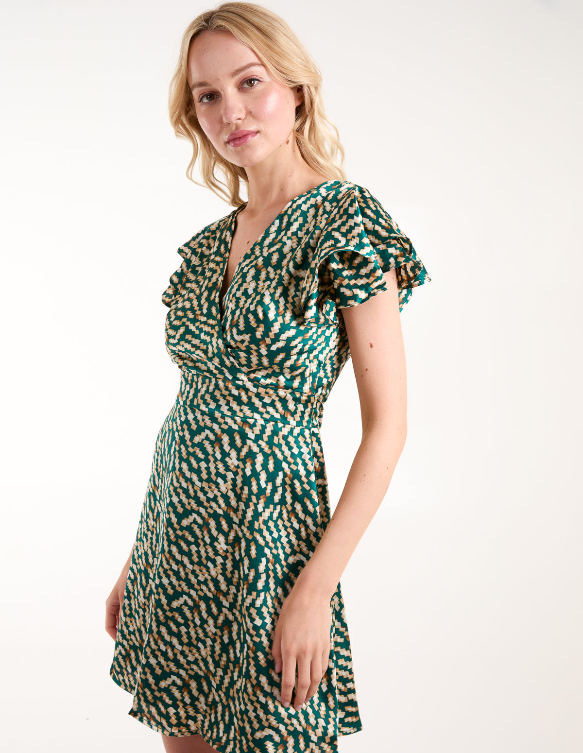 Wrap Ruffle Mini Dress - BOTTLE GREEN