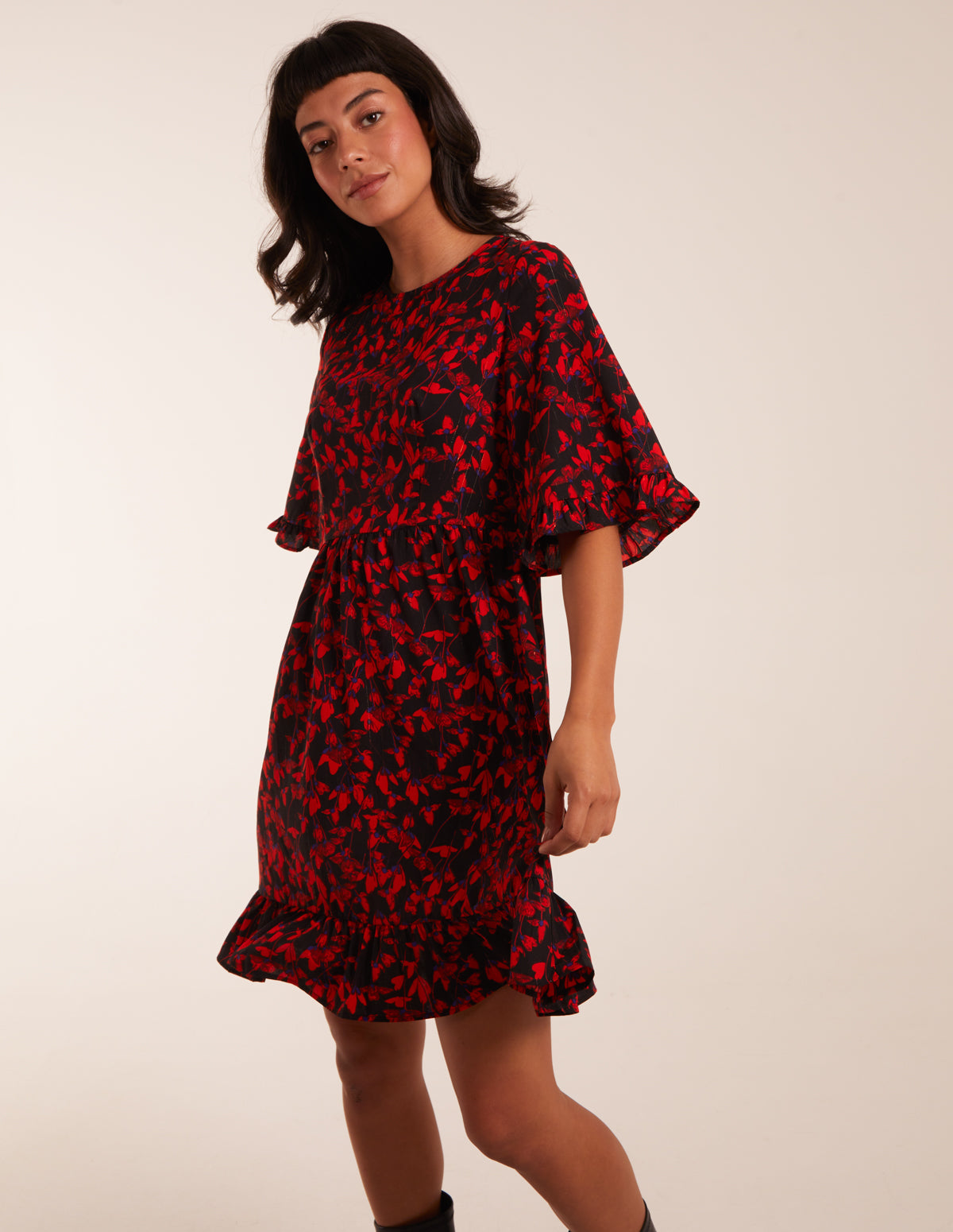 Floral Frill Hem Swing Mini Dress - RED