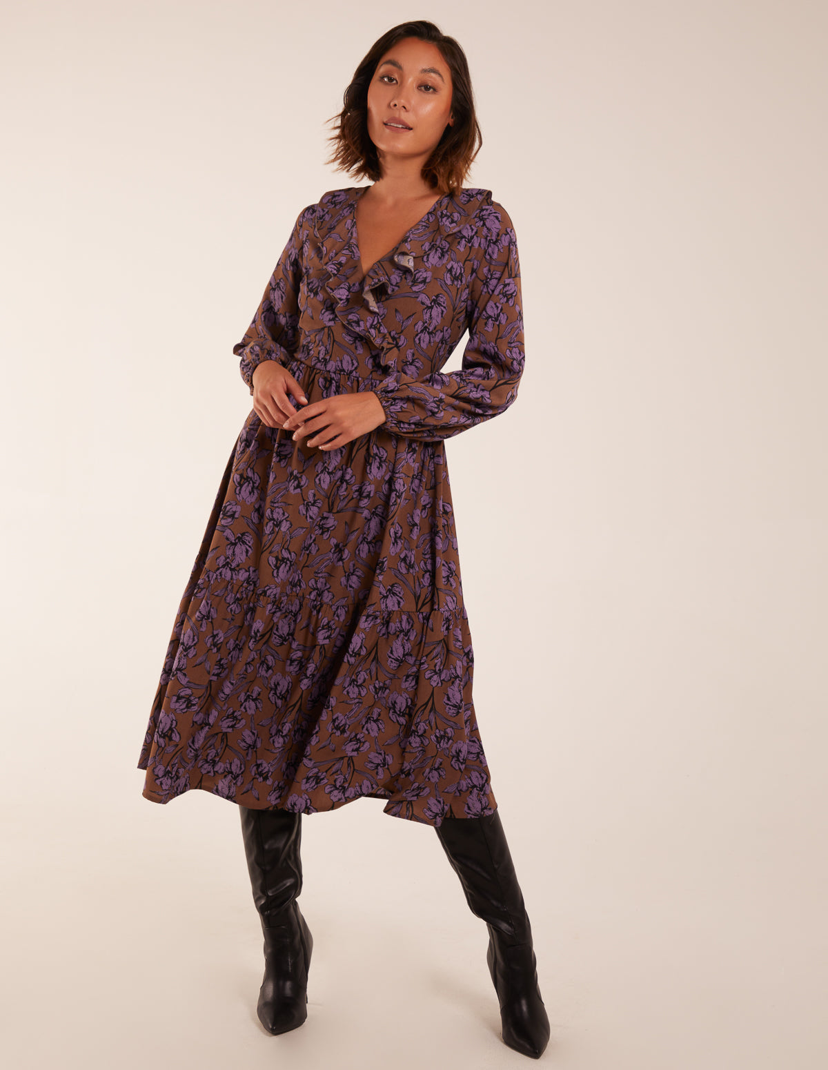 Ruffle Wrap Midi Dress - BROWN