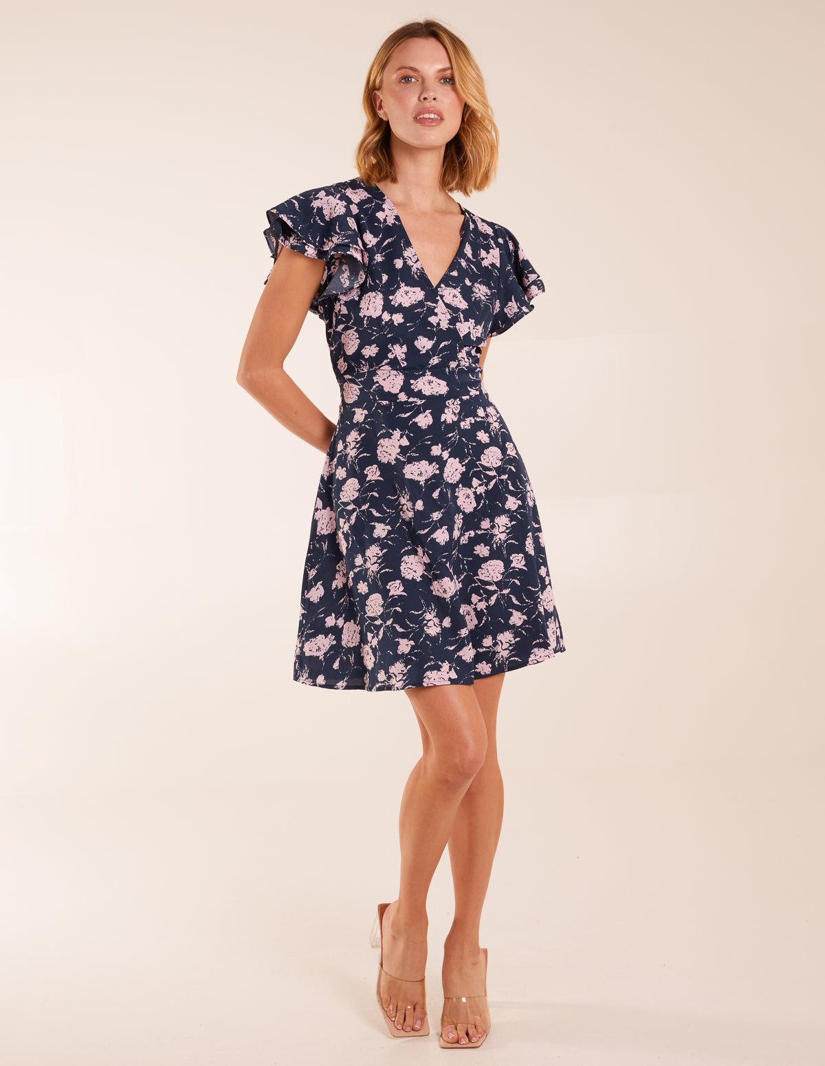 Floral Frill Sleeve Mini Dress - NAVY