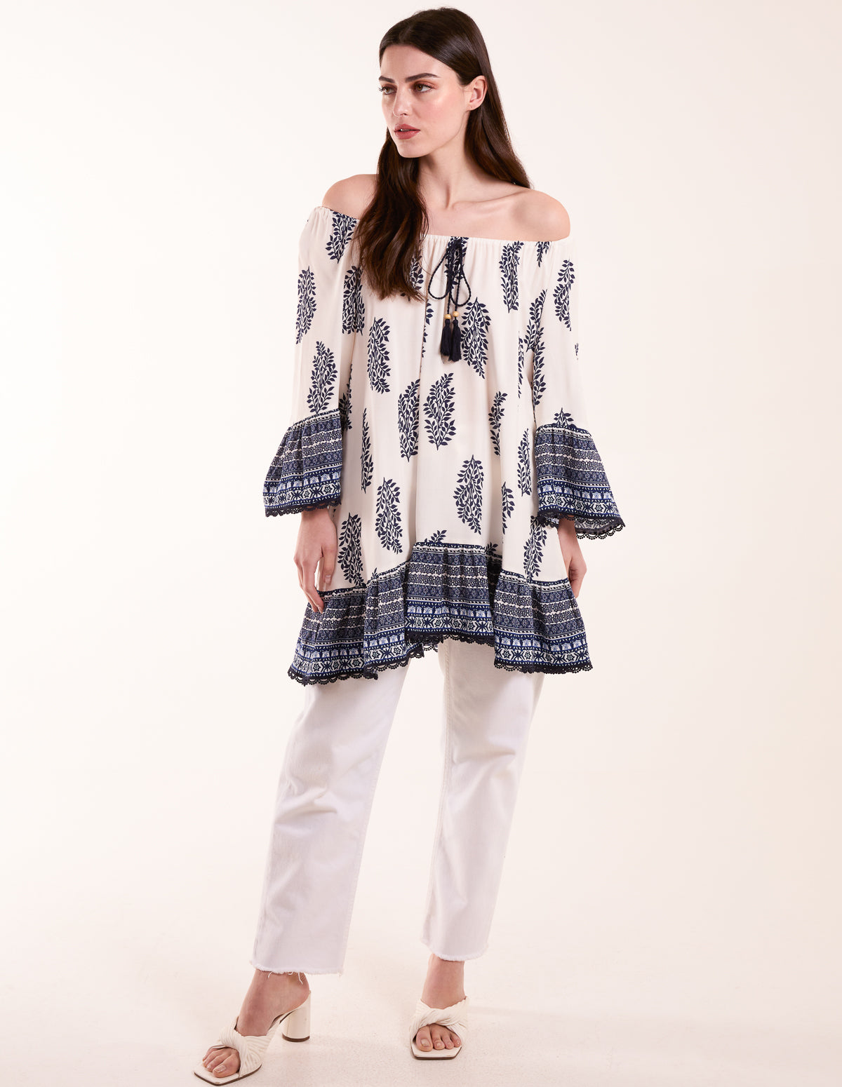 Mix Print Bardot With Tassel Dress - ML BLUE