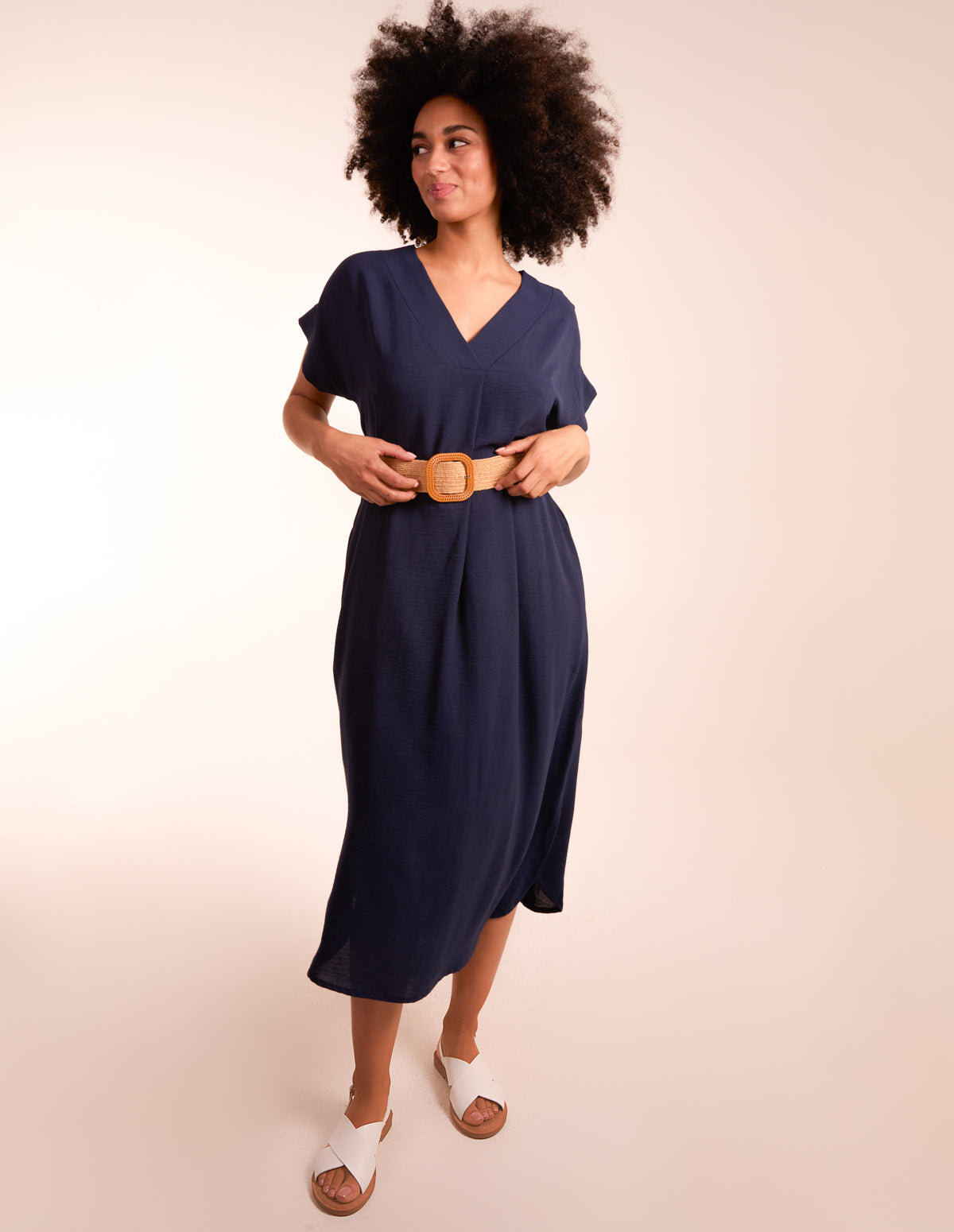 Belted V neck Midi Dress - ONE NAVY