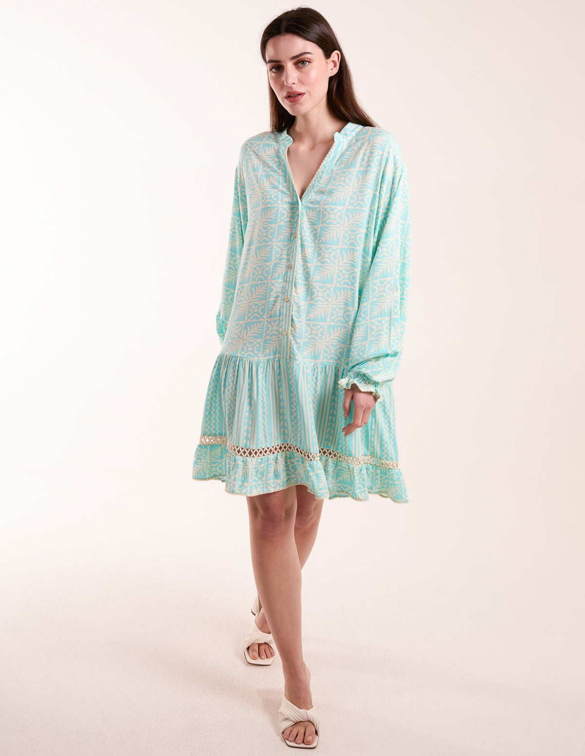 Tiered Button Down Mini Dress With Tier - S BLUE