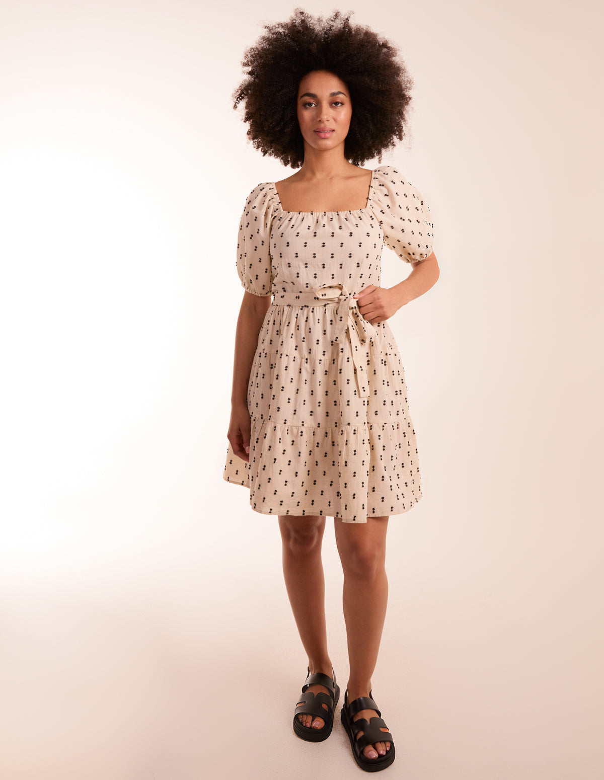 Dobby Spot Milkmaid Mini Dress - M STONE
