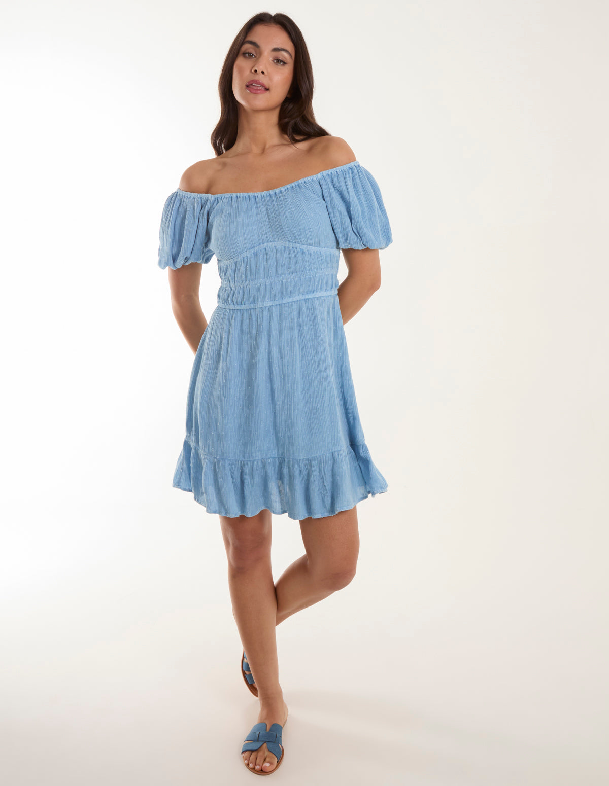 Puff Ball Bardot Mini Dress - Light Denim