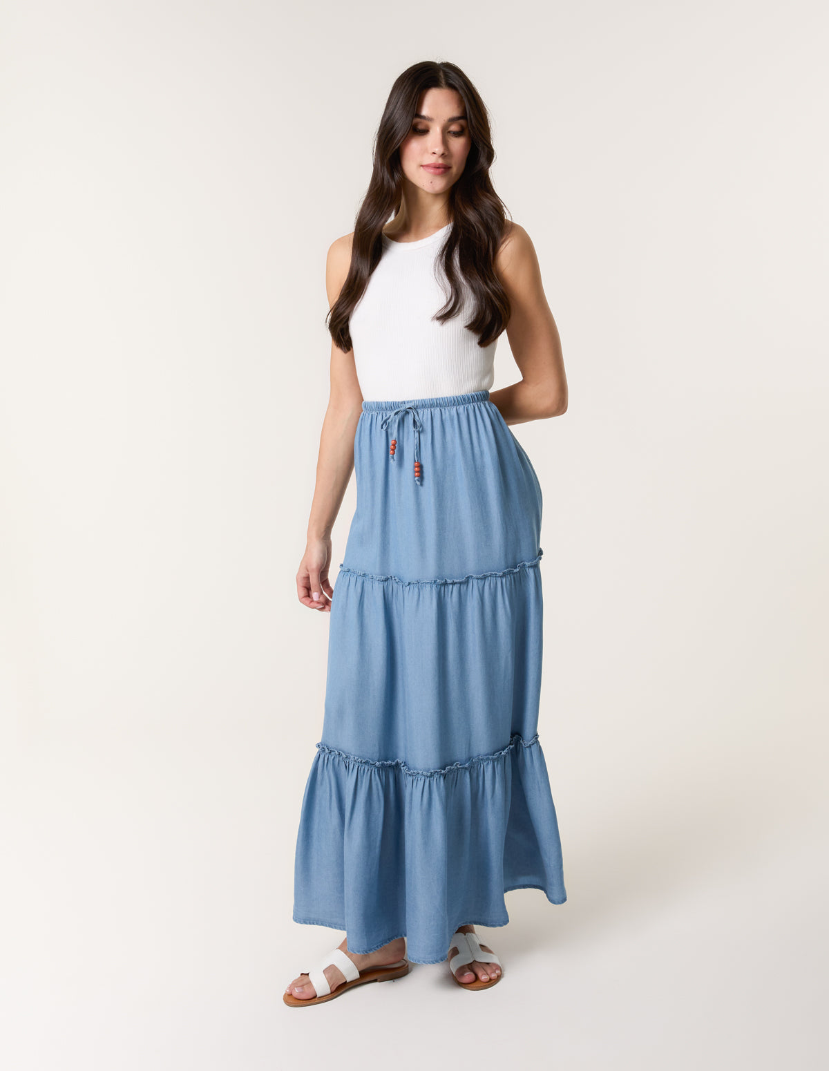 Beaded Tiered Midi Skirt - ML MID DENIM