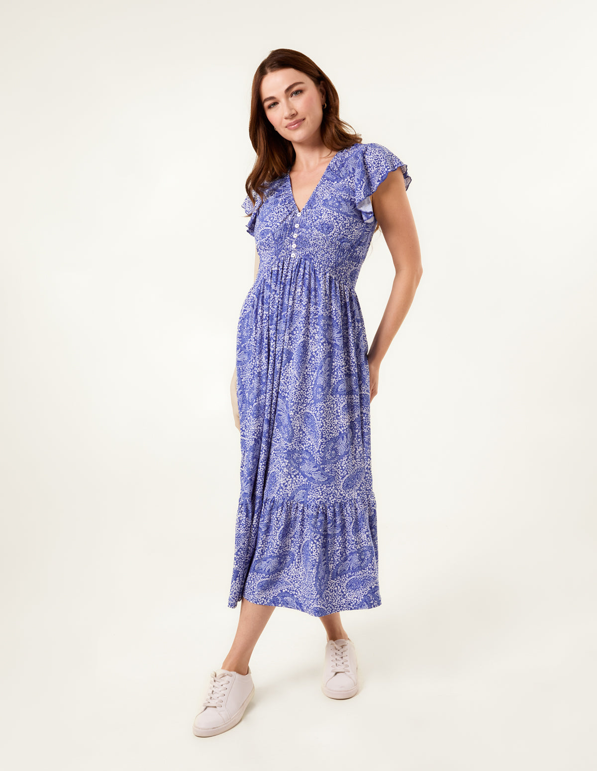 Frill Sleeve V Neck Button Front Midi Dress - L BLUE