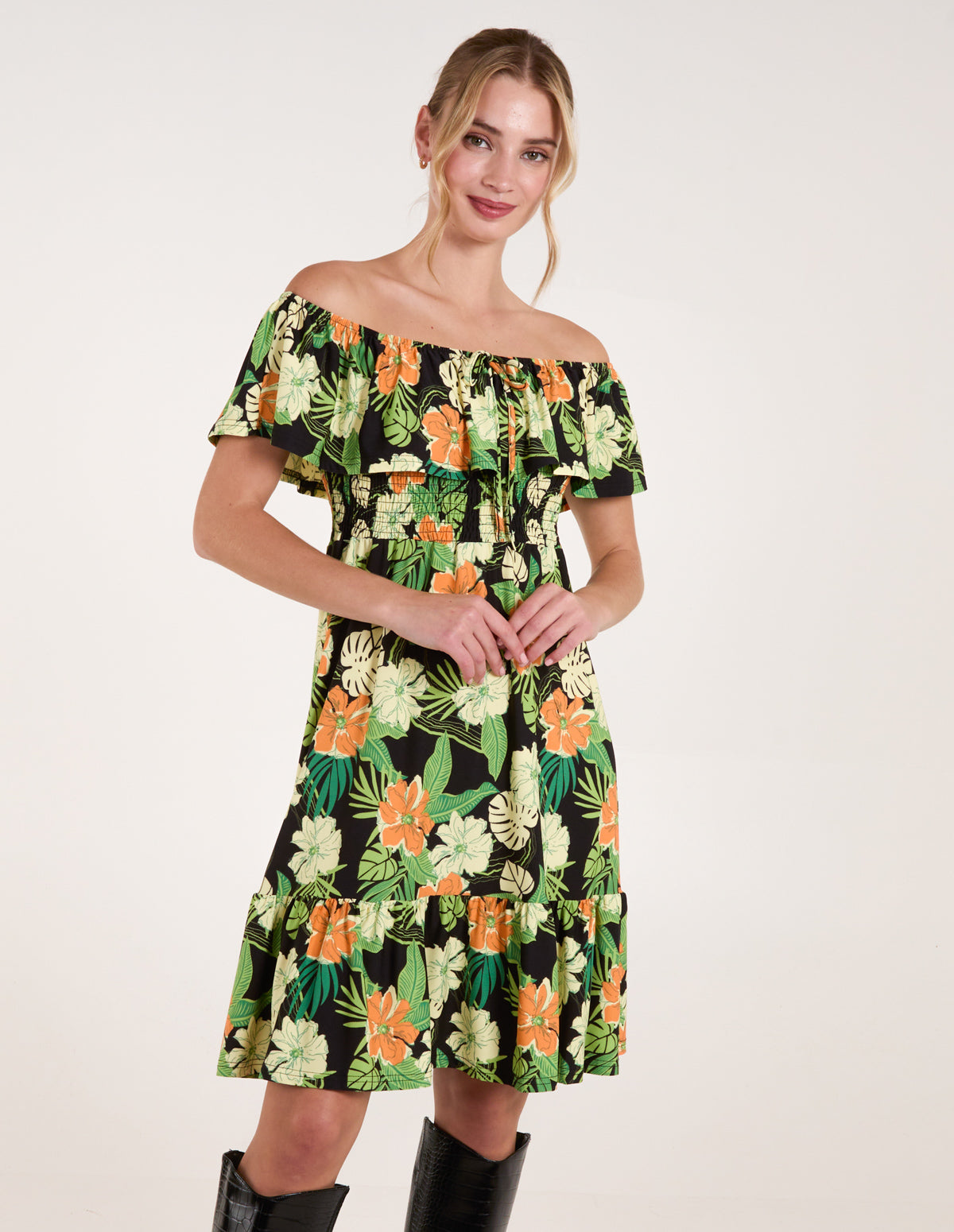 Tropical Shirred Waist Bardot Mini Dress - L BLACK PATTERN