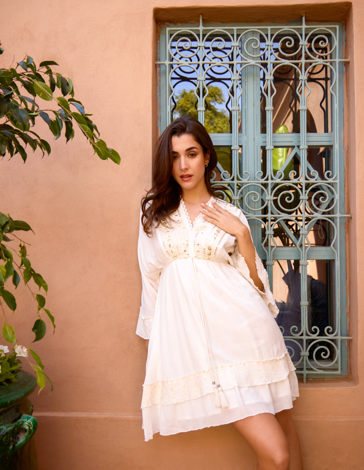Embellished Kimono Sleeve Mini Dress - M IVORY