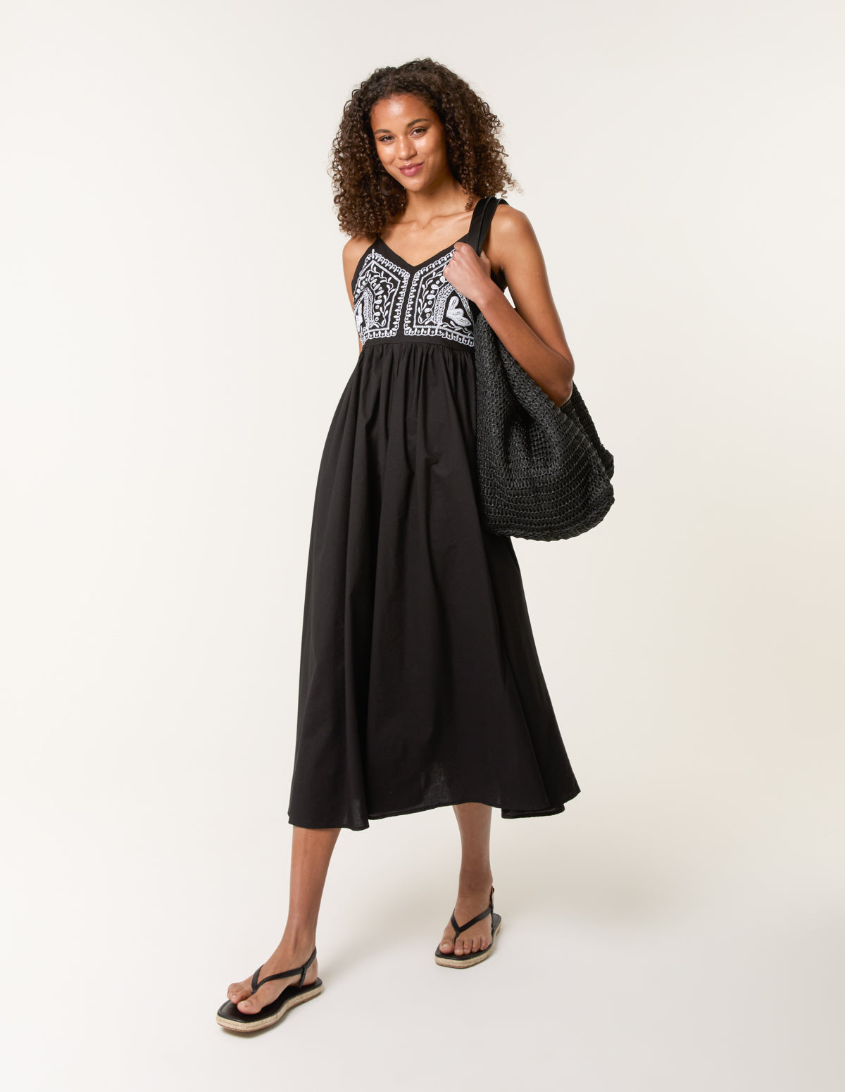 Embroidered Yoke Strappy Dress - L BLACKWHITE