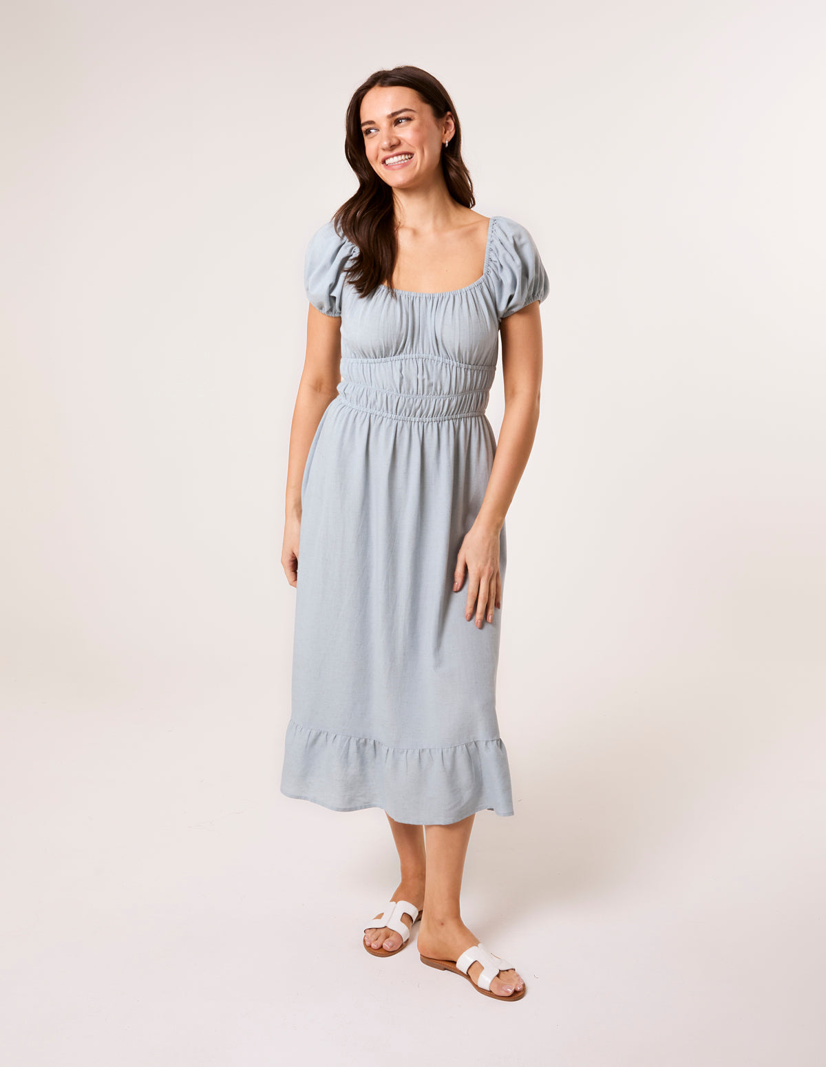 Puff Sleeve Shirred Panel Dress - M BLUE