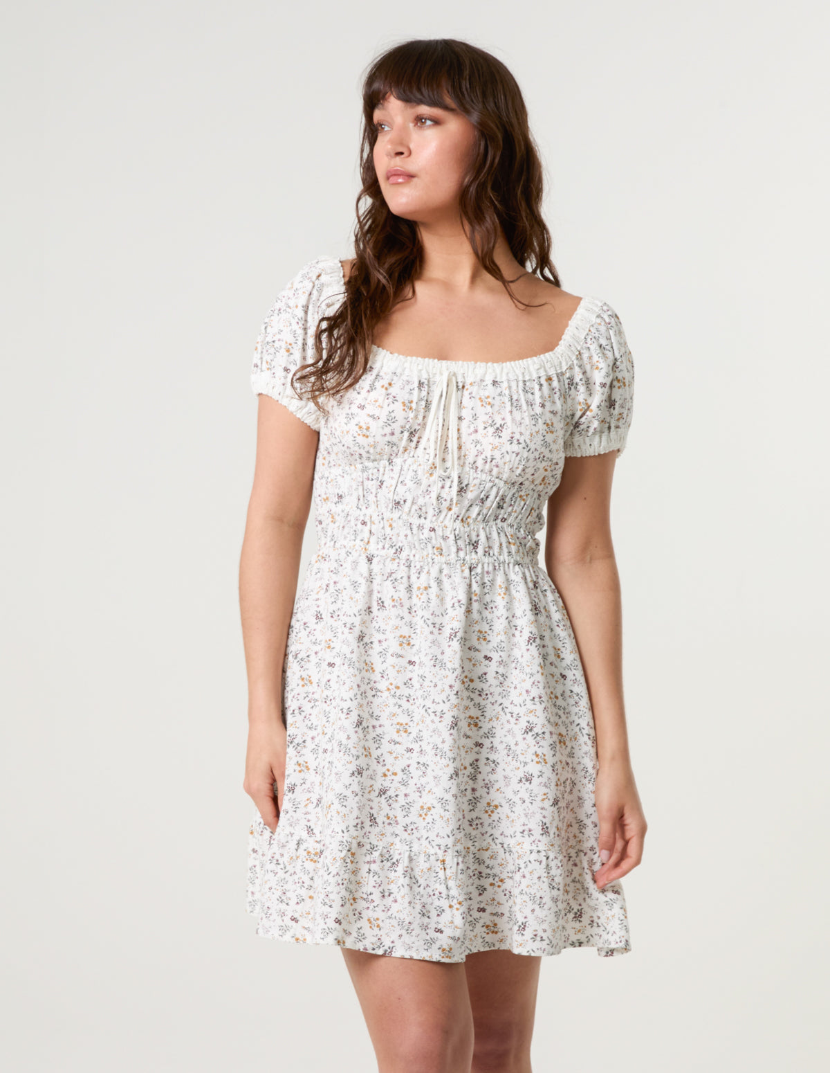 Puff Sleeve Shirred Mini Dress - L MULTI