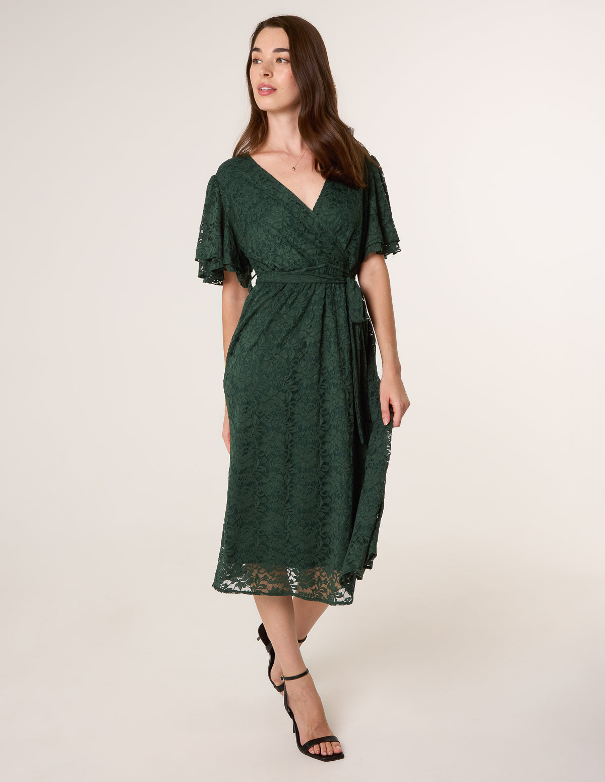 Double Angel Sleeve Lace Midi Dress - S BOTTLE GREEN