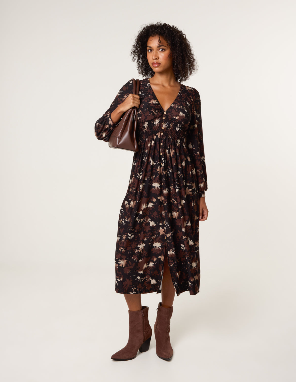 Button Front Midi Dress - ML BROWN PATTERN