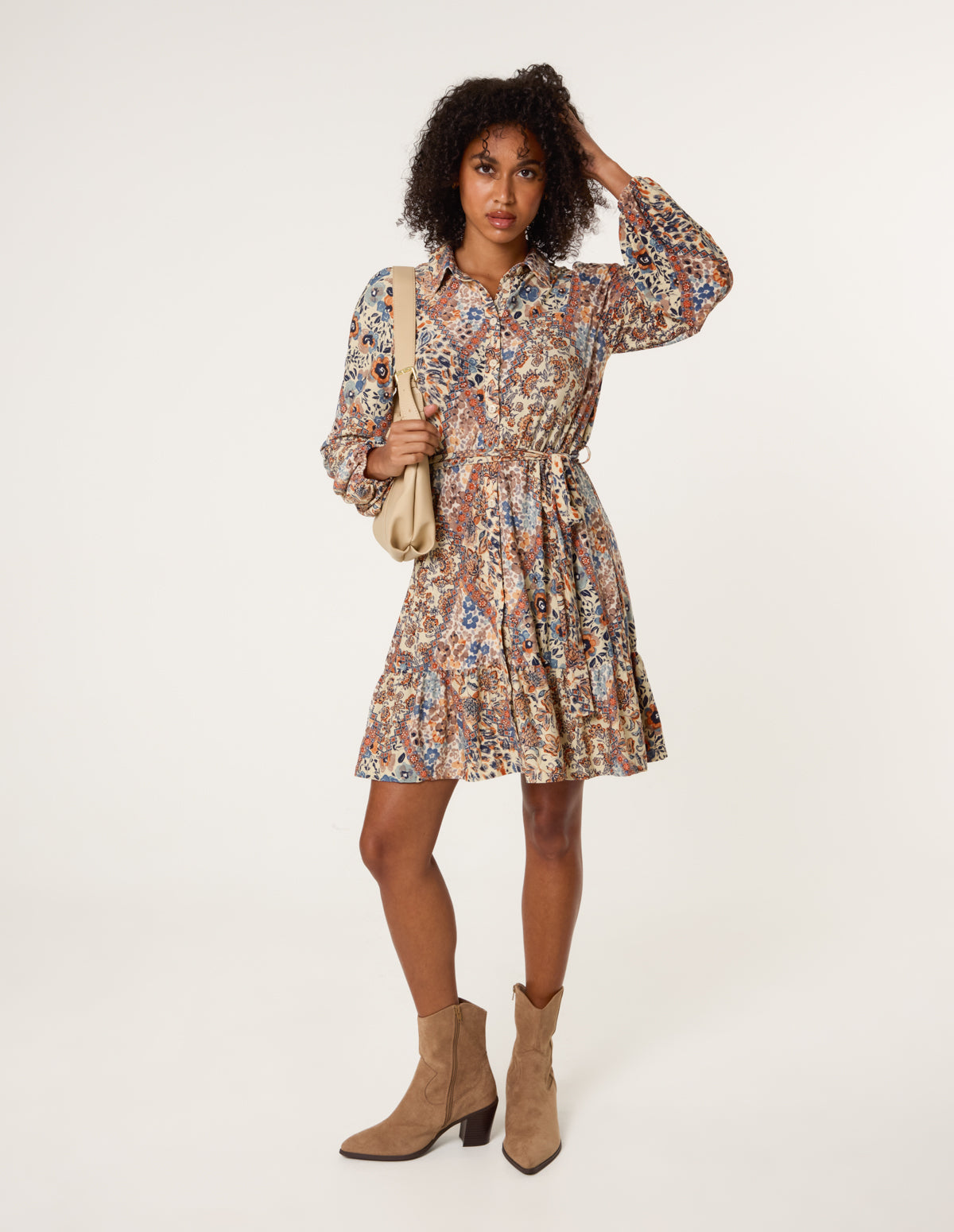 Belted Mini Shirt Dress - BEIGE