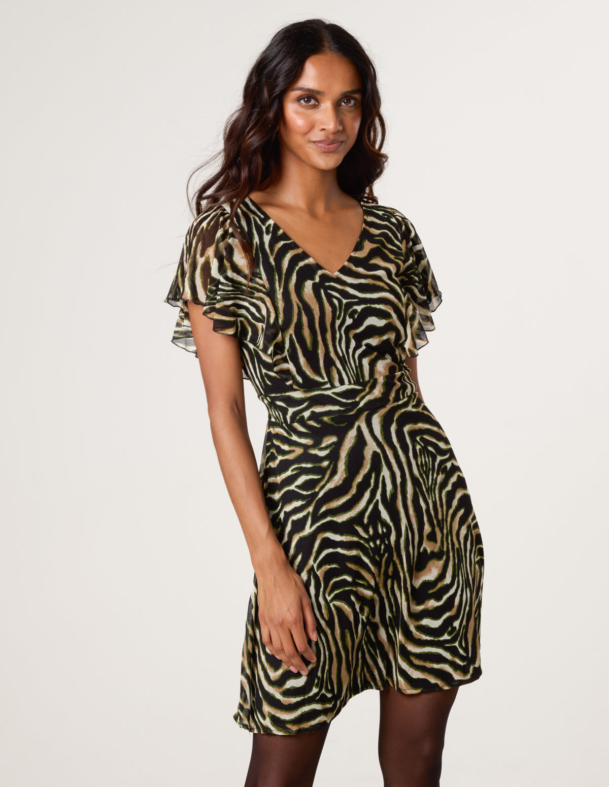 Animal Print Frill V Neck Mini Mesh Dress - L ANIMAL