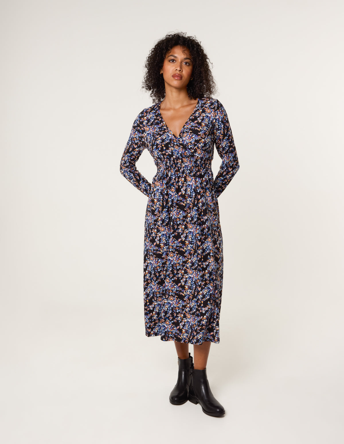 Floral V Neck Wrap Long Sleeve Midi Dress - ML BLACK PATTERN