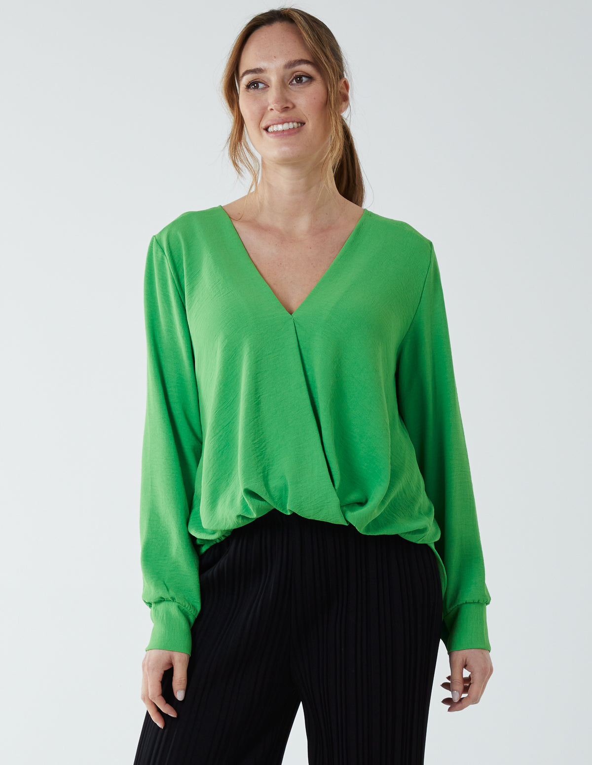Crossover Woven Plain Blouse - S GREEN