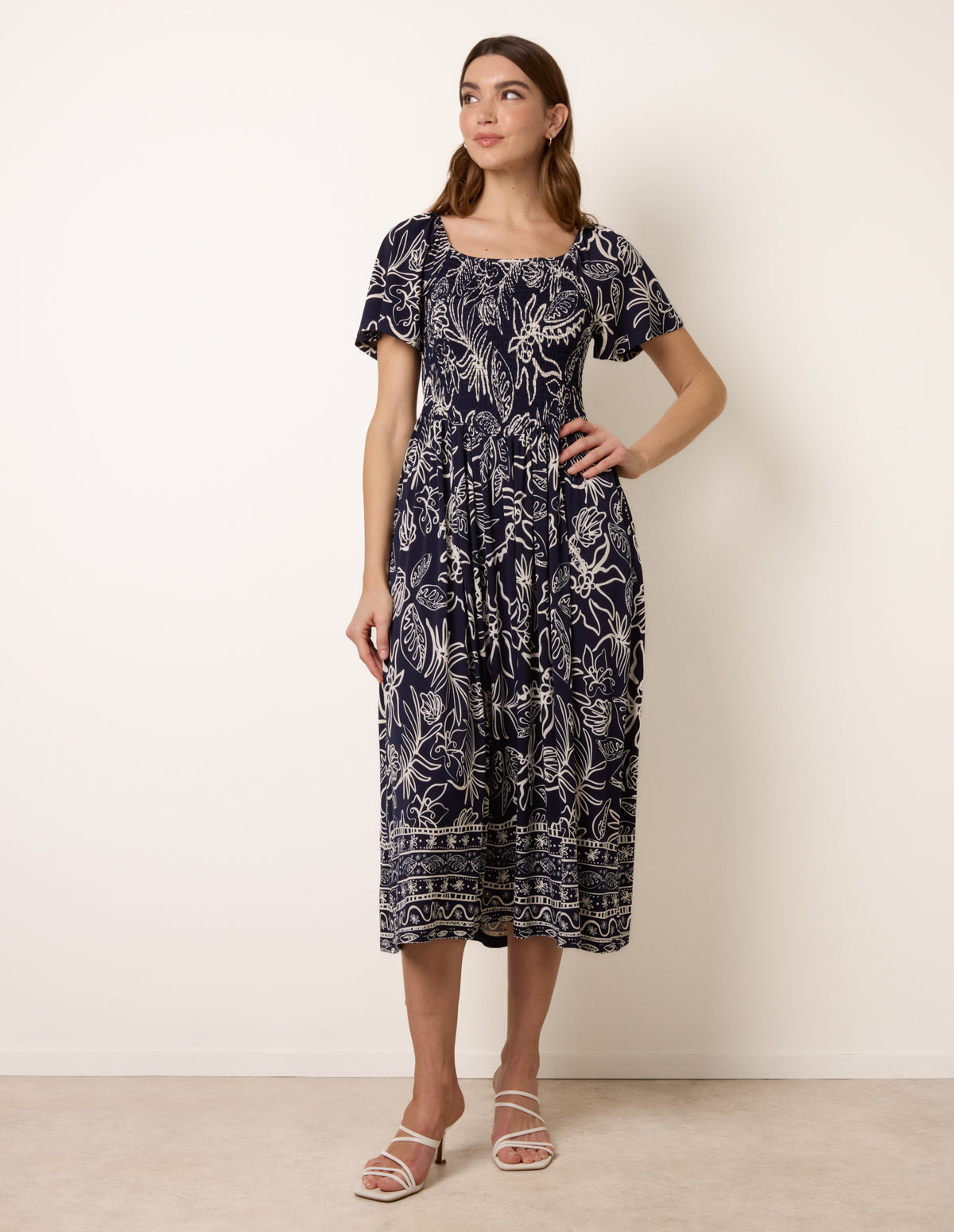 Shirred Drop Waist Midi Dress - M NAVY